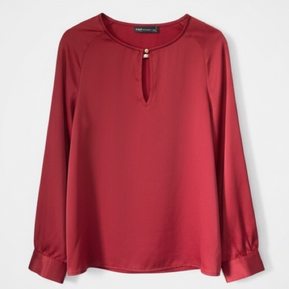 Marks & Spencer Red Satin Blouse Size 8 Long Sleeve Keyhole Neck Work Party Top